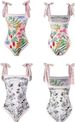 Retro Floral One-Piece Bandeau Tie Strapless Summer Swimsuit Double-Sided Reversible Swimwear Lined Beach Bathing Suit_ecoleips.com