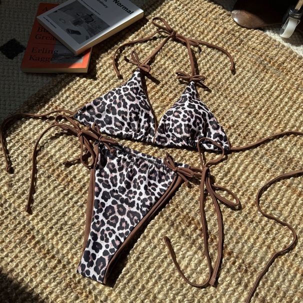 Women's Leopard Print Bikini Set - Sexy Tie-Side Swimwear With Removable Padding - Red/Dark Brown_ecoleips.com