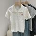 Women's Knit Short-Sleeve Blouse – White Lapel Top With Bow Embroidery, Lightweight Summer Office Wear (One Size Fits S-M)_ecoleips.com
