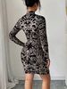 Women Dress High Neck Long Sleeve Baroque Print Ruched Bodycon Mini Gown Glam New Spring Summer Luxe Dress Party Club Flattering_ecoleips.com