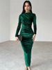 K New Women's Fashion Solid Color Slimming Fold Round Neck Long Sleeve Dress Dress_ecoleips.com