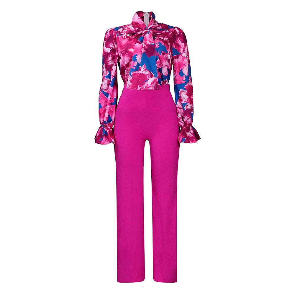 Women's Clothing Elegant Tie-Front Blouse & Straight-Leg Pants Set | Autumn Women’s Casual Outfit | Polyester Blend Matching Suit_ecoleips.com