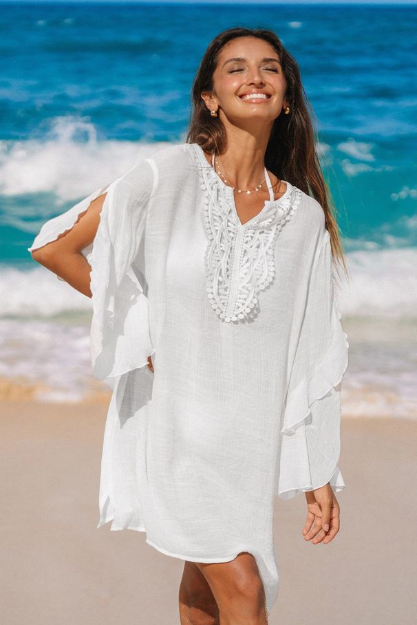 Women's Clothing Summer New Ladies Bamboo Cotton Split Flying Sleeves Lace Blouse Beach Skirt_ecoleips.com