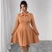 Women's Clothing Plus Size Clothes"Elegant Caramel A-Line Long Dress – High Waist & Slimming Long Sleeves, Autumn/Winter Women's Dress_ecoleips.com