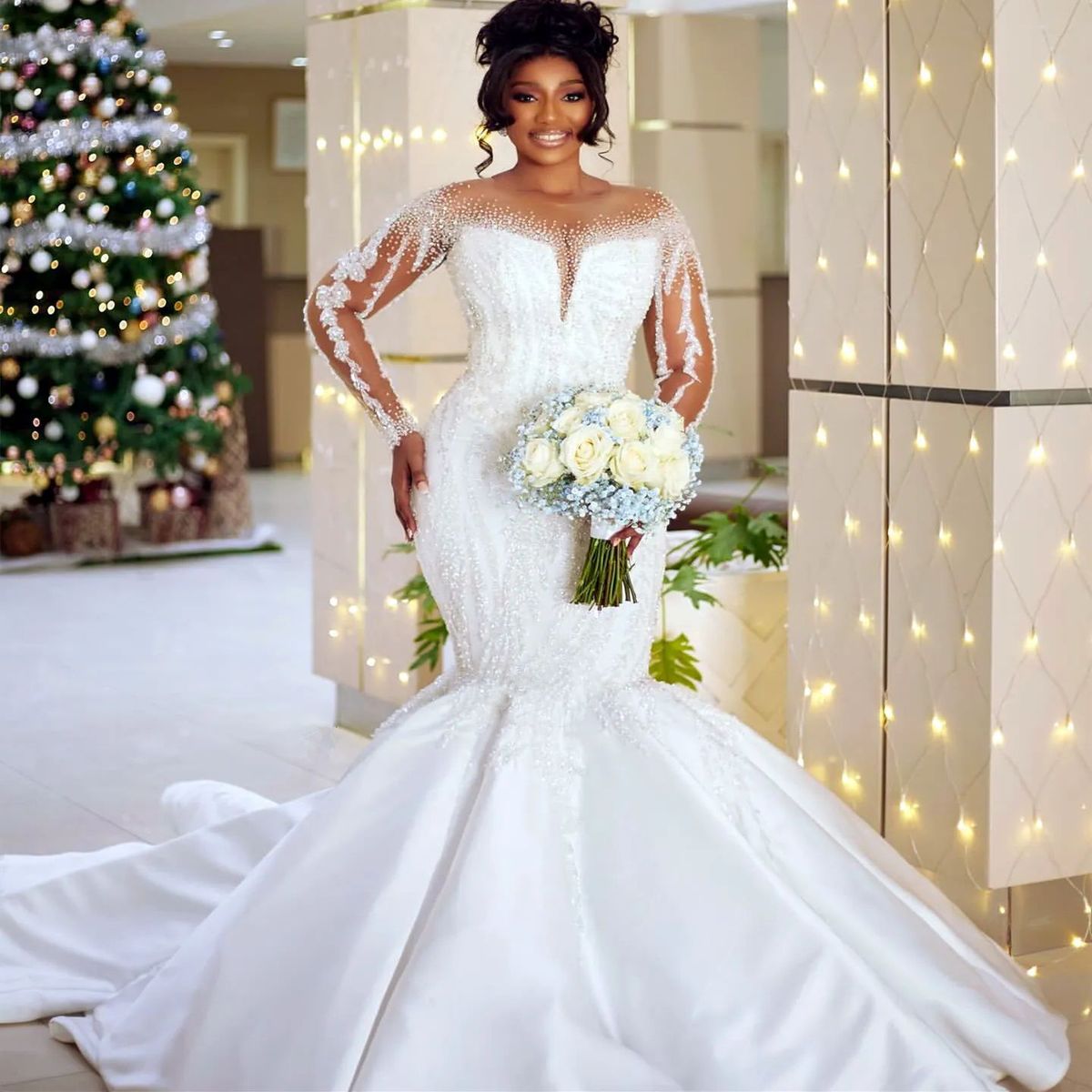 Women's Clothing Bridal Wedding Dress Long Sleeved Lace Mermaid Style Off Shoulder Fashion_ecoleips.com