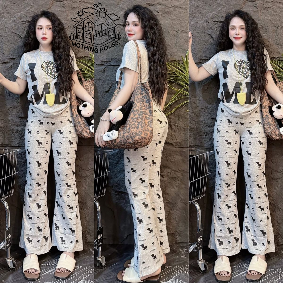 Women's Summer Fashion Set Short Sleeve Puppy Print Top And Slim Fit Wide Leg Pants Casual Two-Piece Outfit_ecoleips.com