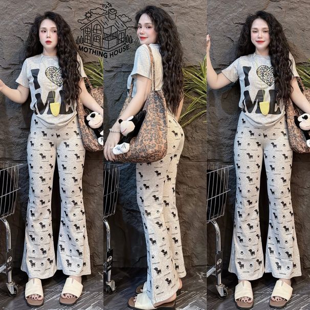 Women's Summer Fashion Set Short Sleeve Puppy Print Top And Slim Fit Wide Leg Pants Casual Two-Piece Outfit_ecoleips.com