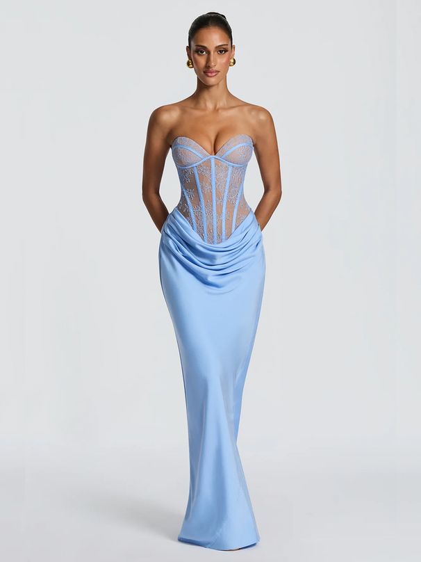 European And American Women's Sexy Lace Strapless Dress Slim Fit Long Skirt Three Dimensional Pleated Tie up Dress_ecoleips.com
