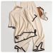 Women's Fashion Two Piece Set Short Sleeved Contrasting Color Slit Sweater High Waist Slim Wide Leg Pants Trousers_ecoleips.com
