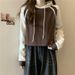Real Shot Of A Color-blocked Hooded Short Cotton Sweatshirt Petite Women, Thin Design For Spring Autumn, European And_ecoleips.com
