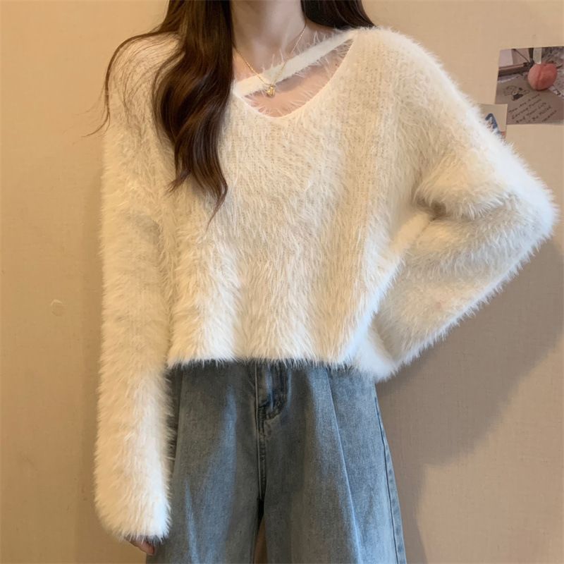 Women's Clothing Faux Mink Fur Sweater Soft Cozy Design Mohair Autumn Winter New Simple Top For Ladies_ecoleips.com