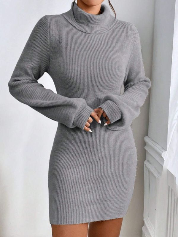 Women's Clothing Dress Fashionable Slim Knitted High Collar Solid Color Hip Wrapped Knitted Dress_ecoleips.com