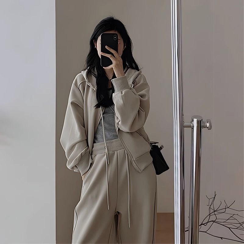 Women's Autumn Winter Casual Hoodie Sportswear Set Hong Kong Style Slimming Wide Leg Pants Hooded Running Two Piece Outfit_ecoleips.com