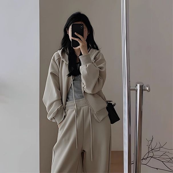 Women's Autumn Winter Casual Hoodie Sportswear Set Hong Kong Style Slimming Wide Leg Pants Hooded Running Two Piece Outfit_ecoleips.com