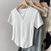 Women's Clothing Cotton Straight Shoulder Herringbone Short Sleeved T Shirt For Women In Summer Short Round Neck Slim Fit Solid Color Tops_ecoleips.com