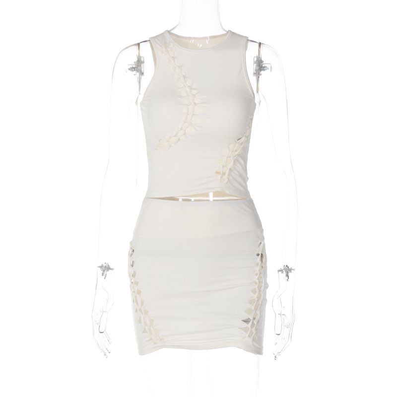 2023 Spring Summer New Fashion Solid Color Hollow Out Round Neck Sleeveless Top Slim Fit Half Skirt Set_ecoleips.com