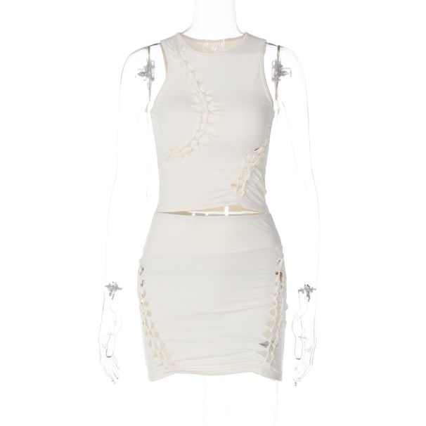 2023 Spring Summer New Fashion Solid Color Hollow Out Round Neck Sleeveless Top Slim Fit Half Skirt Set_ecoleips.com