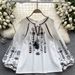 Women's Bohemian Style Vintage Embroidered Print Long Sleeve Shirt Top Loose Casual French Chic Doll Style_ecoleips.com