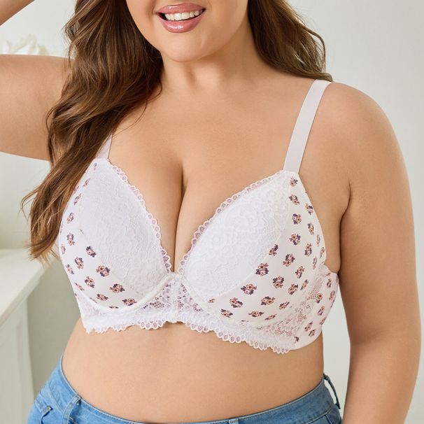 European And American Cross-Border Plus Size Bra Printed Lace Push-Up Minimizing Women's Large Bust Underwear_ecoleips.com