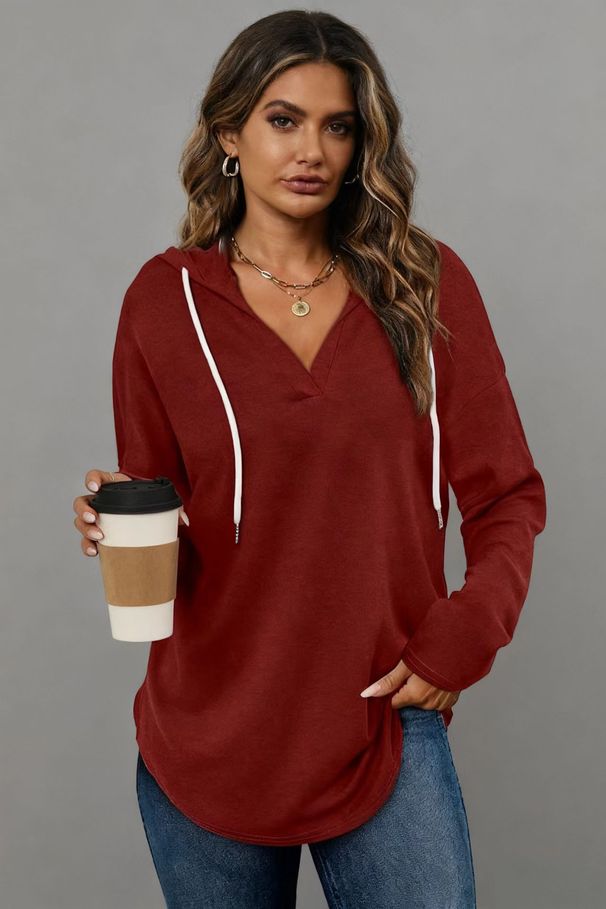 Women's Clothing Solid Color Drawstring Hooded Top Loose Fit Irregular Style Long Sleeve Polyester Hoodie For Spring And Autumn_ecoleips.com