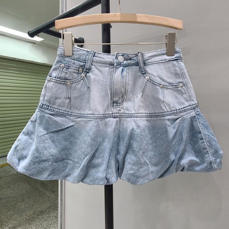 Pleated Skirt For Women Summer New Style Gradient Pink High Waist Slim A Line Anti Exposure Denim Bud Short Skirt_ecoleips.com