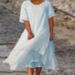 Women's Clothing Fashion Casual Double Layer Slit Short Sleeved Round Neck Dress_ecoleips.com
