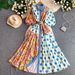 Women's French Retro Romantic Floral Print Dress Lantern Sleeve Summer Style Cute Color Blocking Youthful Full Skirt_ecoleips.com