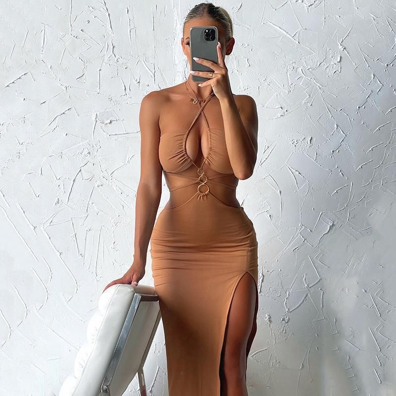 Women's Summer Sexy Halter Neck Hollowed out Waist Solid Color Tie High Slit Dress European And American Wholesale Trade_ecoleips.com