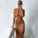 Women's Summer Sexy Halter Neck Hollowed out Waist Solid Color Tie High Slit Dress European And American Wholesale Trade_ecoleips.com