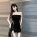 Strapless Dress Women Feather Collar Beaded Slit Birthday Party Wrapped Dresses_ecoleips.com