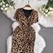 Leopard Print Slim Fit Dress for Women V Neck Long Sleeve Sexy Summer Style with Slit Waist Medium Length Hip Skirt_ecoleips.com