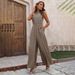 Women's clothing elastic waist high collar halter neck sleeveless floral wide-leg casual pants jumpsuit_ecoleips.com