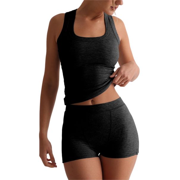 Women's Casual Solid Color Round Neck Slim-Fit Tank Top High-Waisted Shorts Set Sexy Hot Girl Outfit Y2K European Export_ecoleips.com