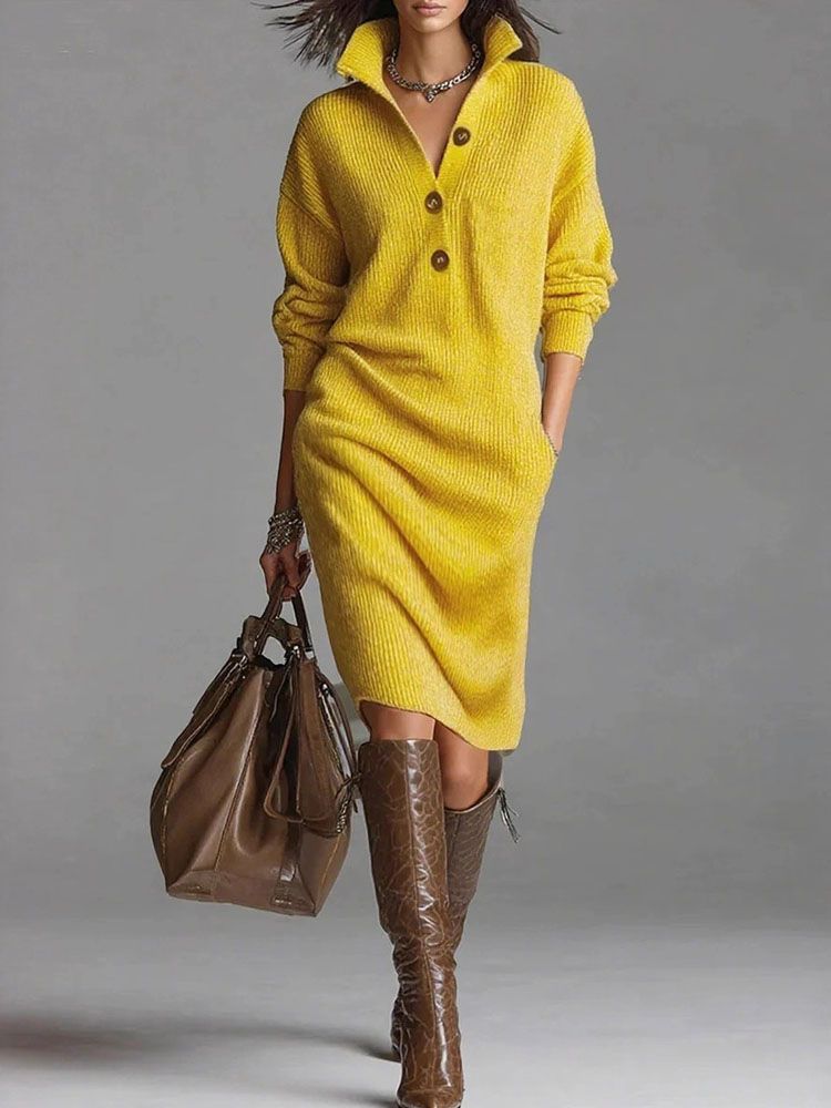 Elegant Lapel Collar Button Knitted Dress Casual Long Sleeve Ribbed Solid Midi Dress Fall Winter Fashion Draped Sweater Dresses_ecoleips.com
