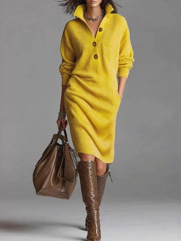 Elegant Lapel Collar Button Knitted Dress Casual Long Sleeve Ribbed Solid Midi Dress Fall Winter Fashion Draped Sweater Dresses_ecoleips.com