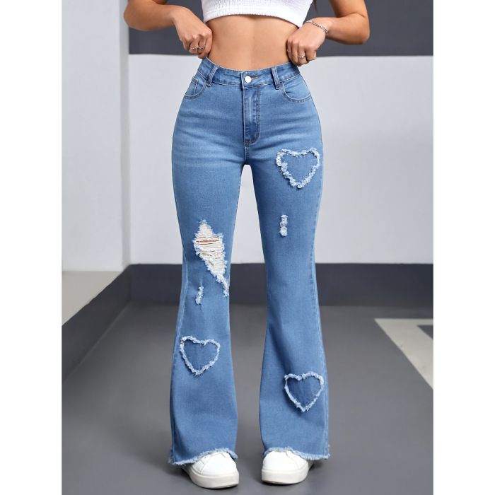 Women's Heart-Shaped Ripped Bell Bottom Jeans - Stretch High Waist Flared Pants With Original Trimming, Light Blue Distressed Denim_ecoleips.com
