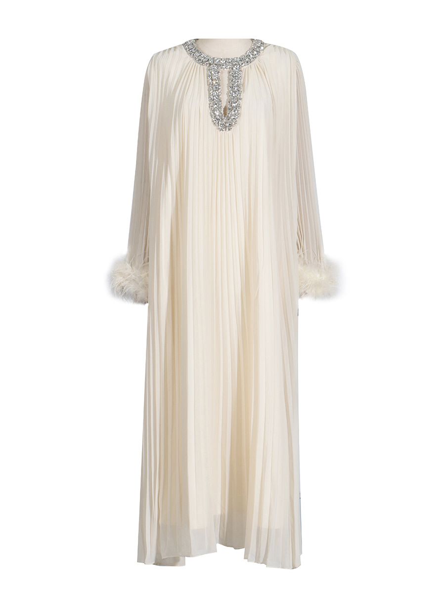 Aria Basics Aria Basics European And American Hot-Selling Celebrity Style 2026 Spring New Round Neck Rhinestone Pleated Ostrich Feather_ecoleips.com