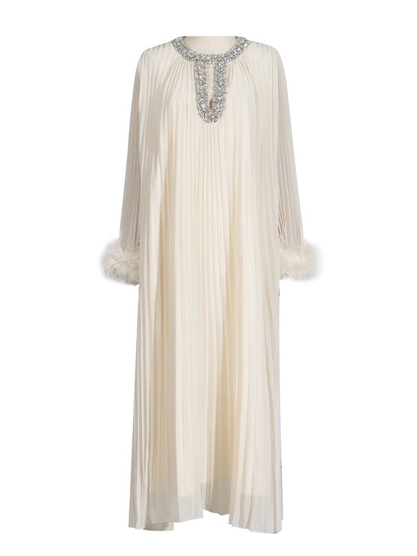 Aria Basics Aria Basics European And American Hot-Selling Celebrity Style 2026 Spring New Round Neck Rhinestone Pleated Ostrich Feather_ecoleips.com