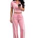 Women's Clothing Slim Fit Color Blocked Jacket And Straight Leg Trousers Set Spring Summer Two-Piece Outfit Short Sleeved_ecoleips.com