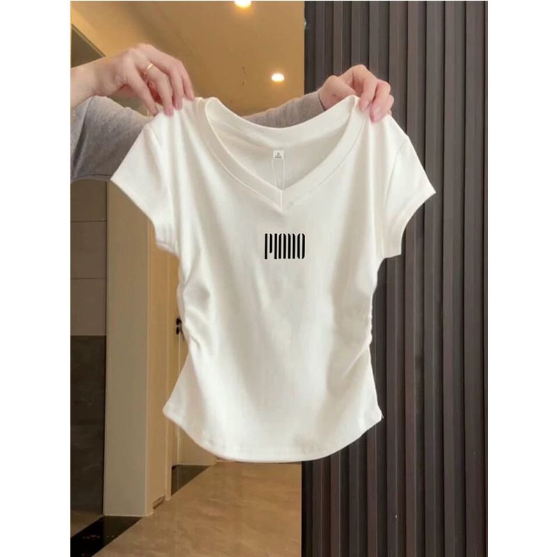 Women's Slim Fit V-Neck Short Sleeve T-Shirt - Side Pleats & Waist Contouring Design - Pure Cotton Casual Top For Summer_ecoleips.com