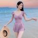 Sweet Floral Print Ruffle Sleeve One Piece Swimsuit Dress With Flared Skirt Modest Swimwear For Beach Pool Vacation_ecoleips.com