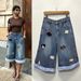 Women's Retro Puppy Embroidered Plaid Patchwork Wide Leg Loose Cropped Jeans European American Style New 2026 Cross Border Foreign Trade_ecoleips.com