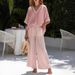 Women's Summer Cotton Linen Two Piece Set V Neck Short Sleeve Top Striped Wide Leg Pants Loose Fit Cross Border Casual Style_ecoleips.com