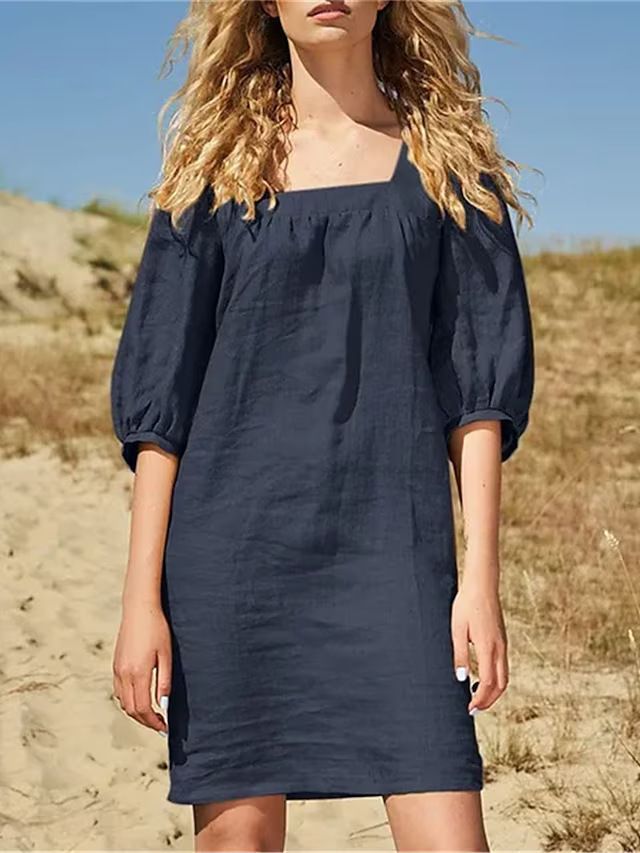 New French Square Neck Cotton And Linen Dress Five-quarter Sleeve Bubble Sleeve Casual Loose Short Skirt Women_ecoleips.com