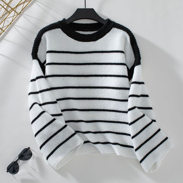 Autumn And Winter Round Neck Loose Black And White Striped Pullover Long Sleeve Off-Shoulder Knitted Sweater For Women_ecoleips.com