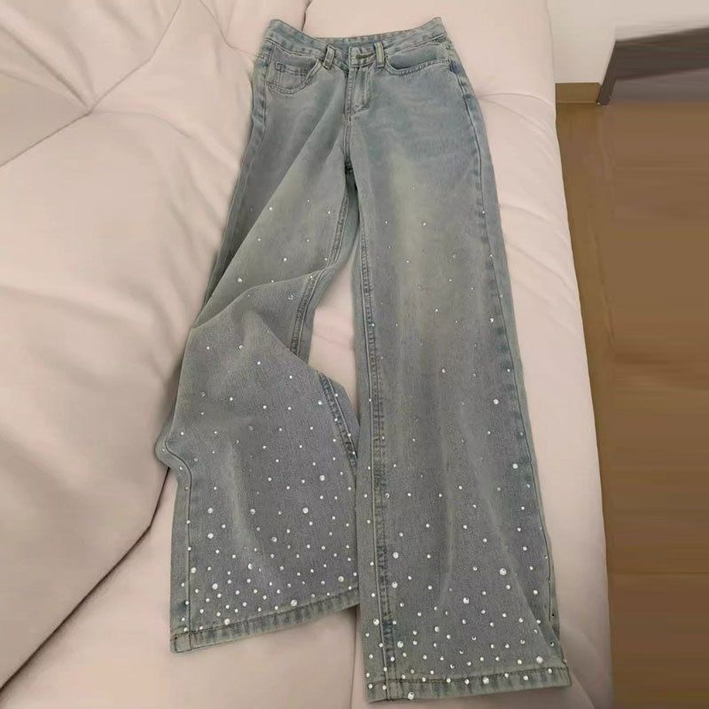 Jeans For Women With Floor Length Pants For Fat Girls, Light Colored, Design, Heavy Duty Hot Diamonds, High Waist, Loose Wide Leg Straight Pants_ecoleips.com