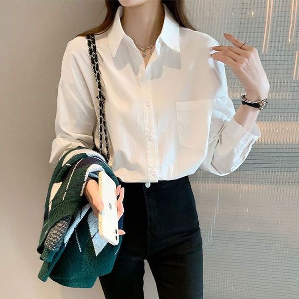 Women's White Loose Long Sleeved Blouse French Style Shirt for Middle School Students Inner Or Outer Layer_ecoleips.com