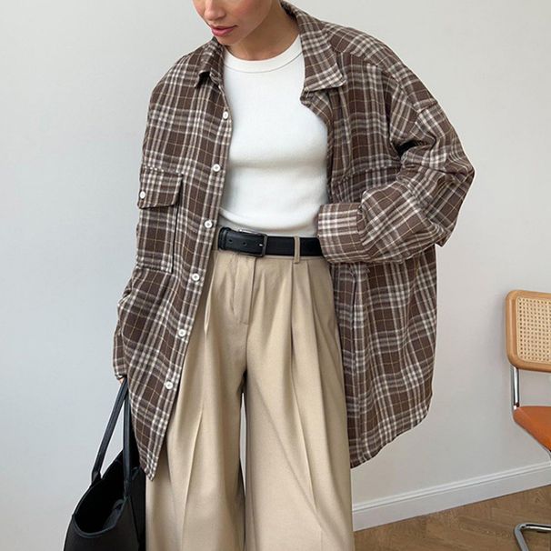 Vintage Maradon Brown Checkered Shirt With Designated Loose-Fitting Long Sleeve For Women's Wholesale Tops_ecoleips.com