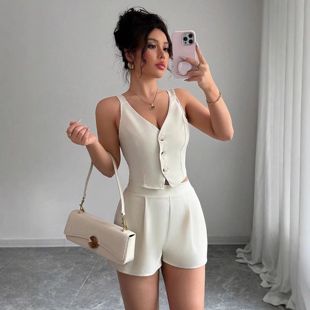Summer New Arrival Women's Two Piece Set Solid Color Sleeveless Slim Fit Vest High Waisted Shorts_ecoleips.com