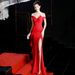 Women's clothing new elegant long one-shoulder fishtail host dress long dress_ecoleips.com